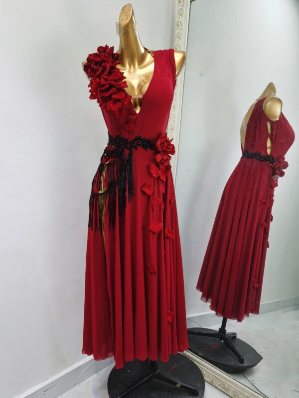 Burgundy ballroom and smooth dance dress with flowers