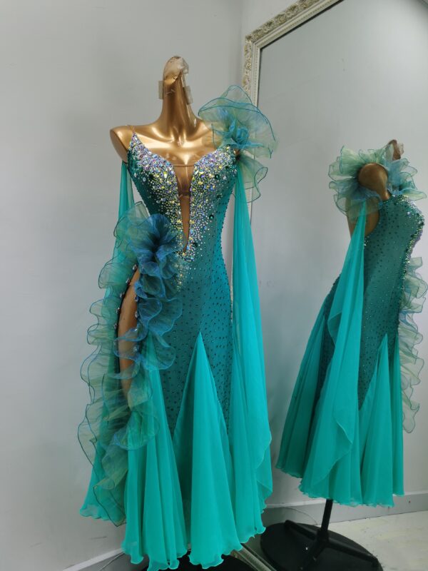 Turquoise smooth dance dress with slit