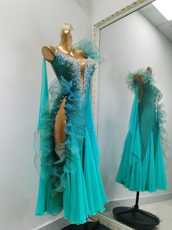 Turquoise smooth dance dress with slit - Image 2