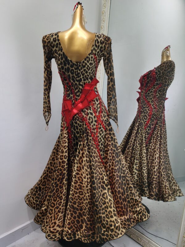 Leopard ballroom and smooth dance dress with red crystals, with or without floats - Image 2