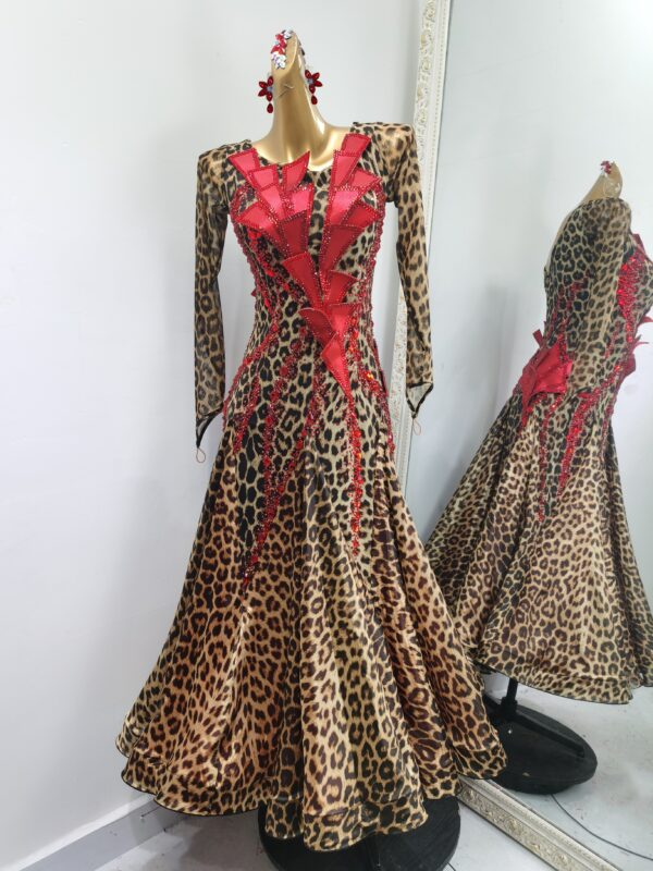 Leopard ballroom and smooth dance dress with red crystals, with or without floats