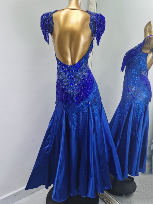 Blue ballroom and smooth dance dress with sequins, beaded fringe and crystals - Image 2