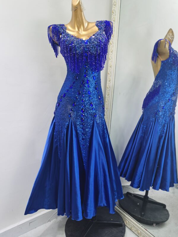 Blue ballroom and smooth dance dress with sequins, beaded fringe and crystals