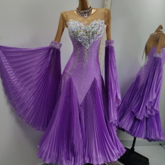 purple pleated ballroom dance dress