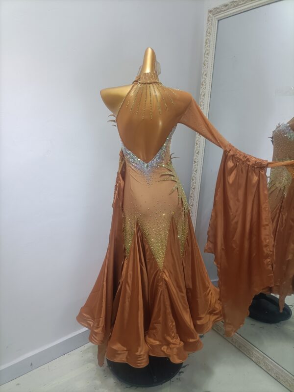 Bronze ballroom and smooth dance dress, single sleeve with glove, with or without floats - Image 2