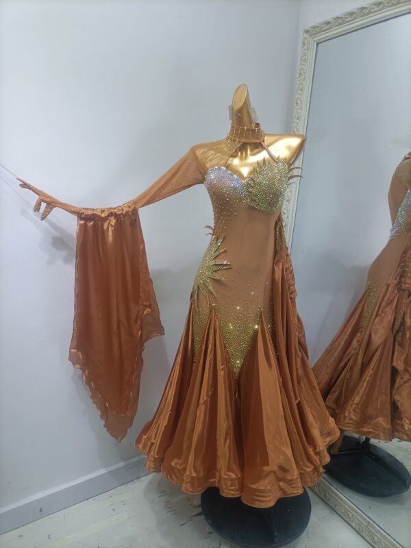 Bronze ballroom and smooth dance dress, single sleeve with glove, with or without floats