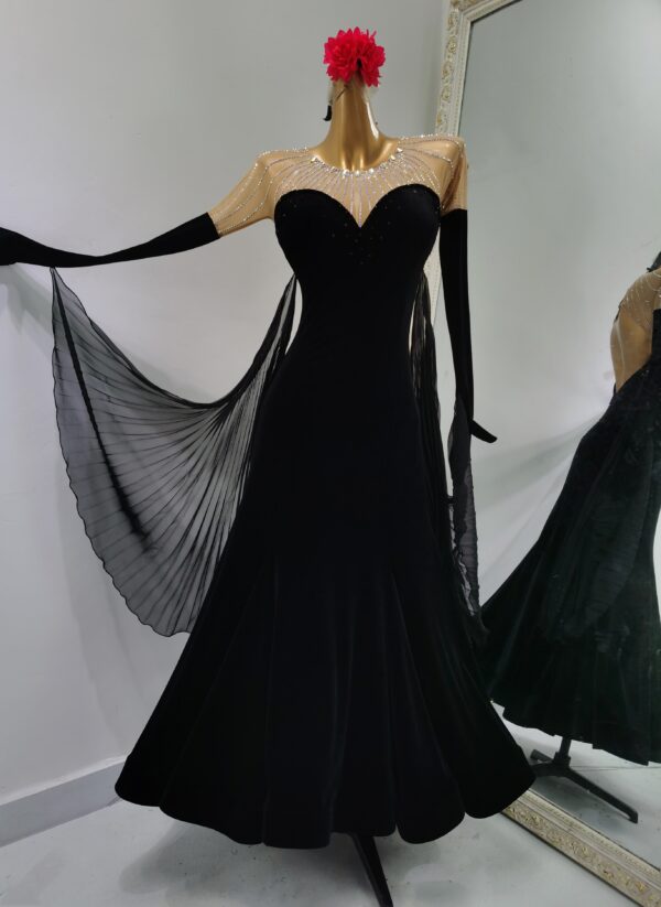 Black velvet ballroom and smooth dance dress with gloves, with or without floats