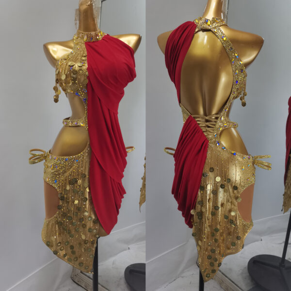 Red and gold Latin dance dress with penny sequins - Image 3