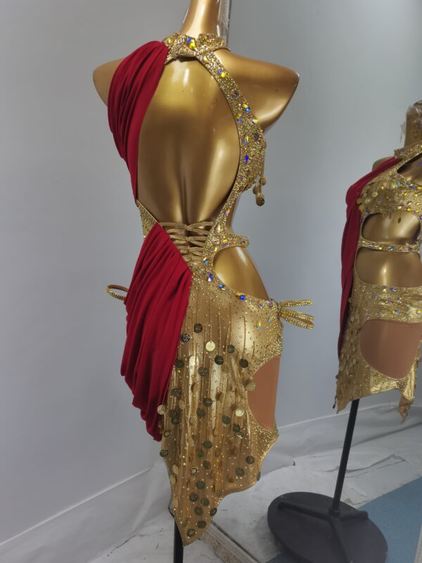 Red and gold Latin dance dress with penny sequins - Image 2