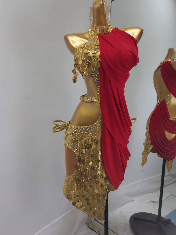 Red and gold Latin dance dress with penny sequins