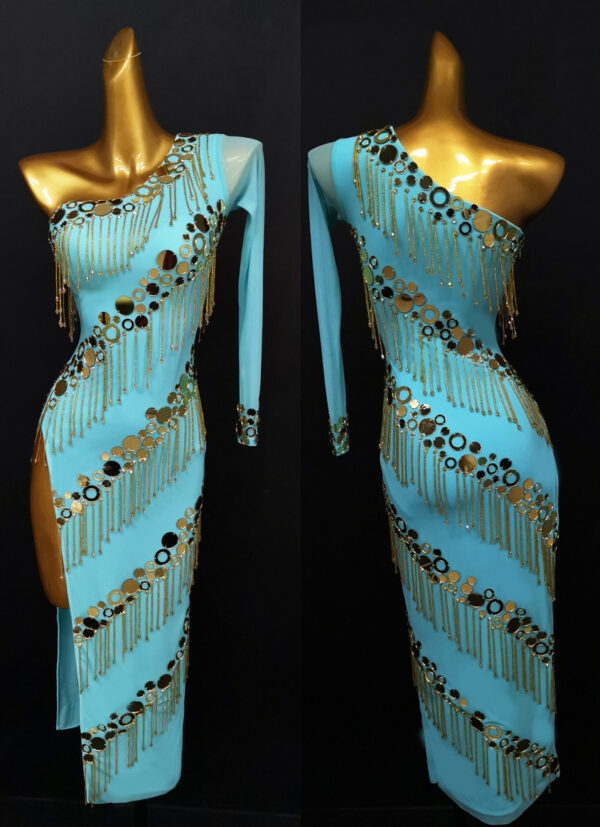 Turquoise Latin dance dress with side slit, sequins and beaded fringe