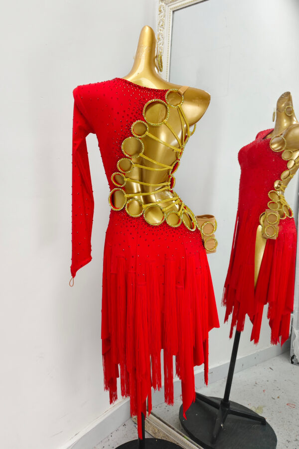 Red Latin dance dress with open back, fringe and golden rings - Image 2