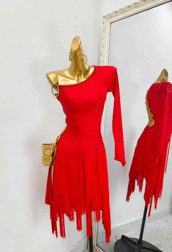 Red Latin dance dress with open back, fringe and golden rings