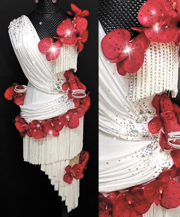 White Latin dance dress with red orchid flowers, crystals and fringe