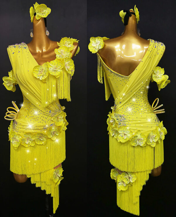 Yellow Latin dance dress with yellow orchid flowers, crystals and fringe