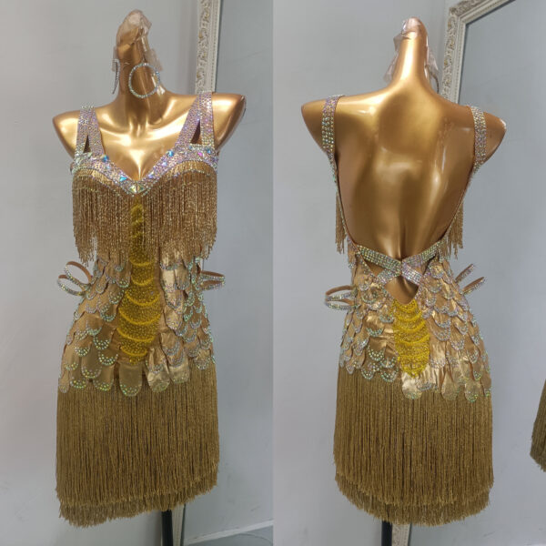 Gold Latin dance dress with fish scales, beaded fringe and fringe - Image 3