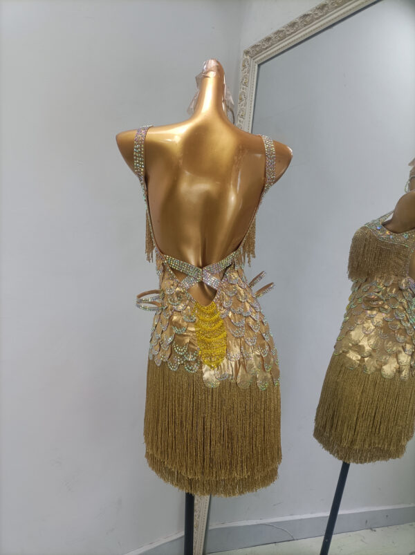 Gold Latin dance dress with fish scales, beaded fringe and fringe - Image 2