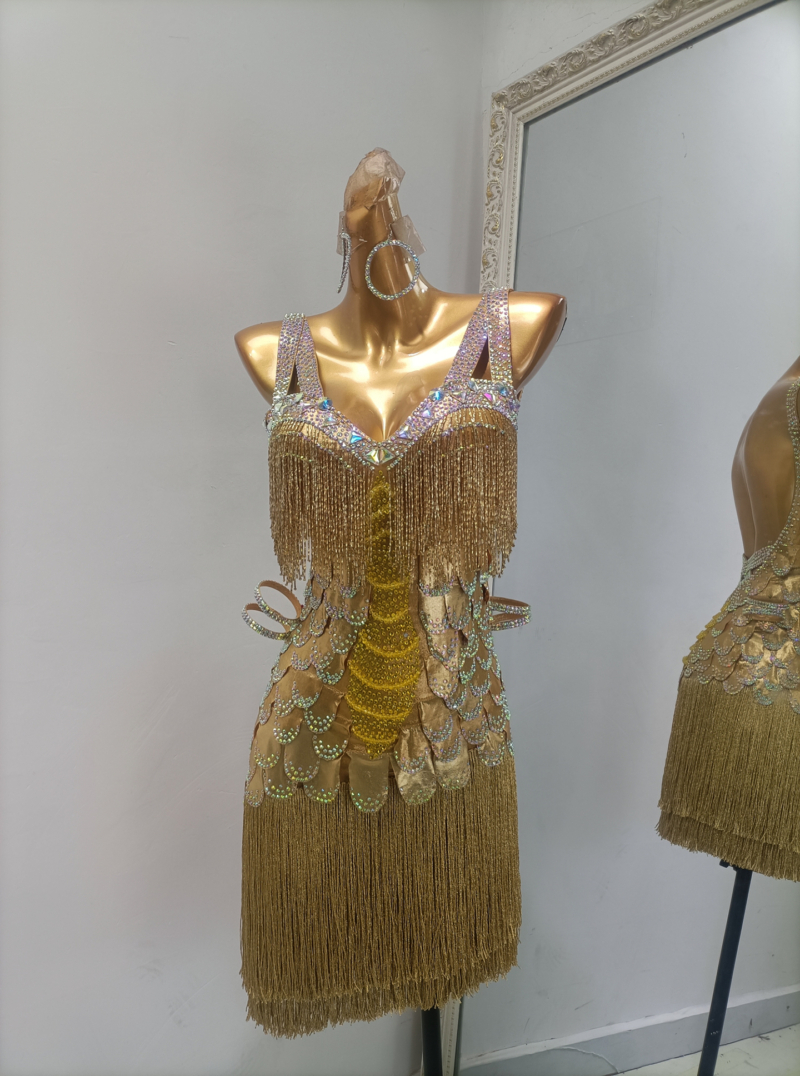 L0007-front Gold Latin Dance Dress