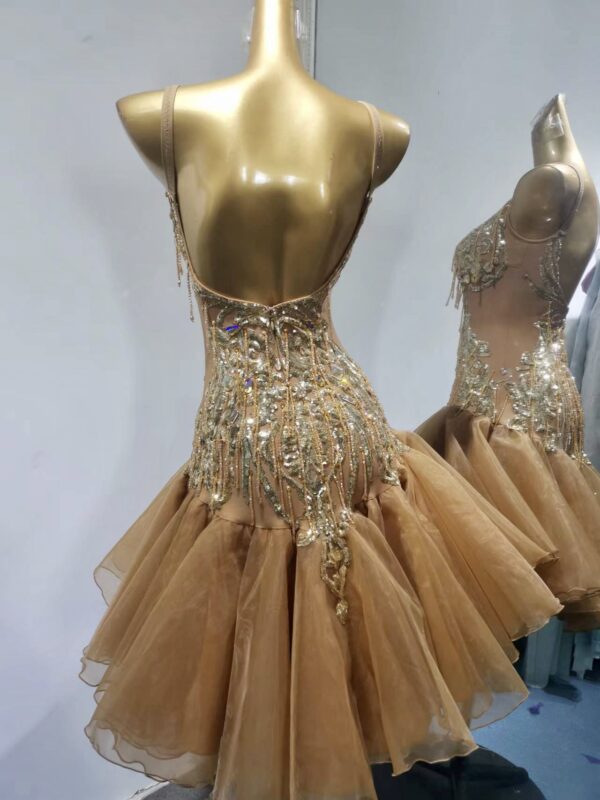 Bronze Latin dance dress embroidered with sequins, beaded fringe and organza skirt - Image 2