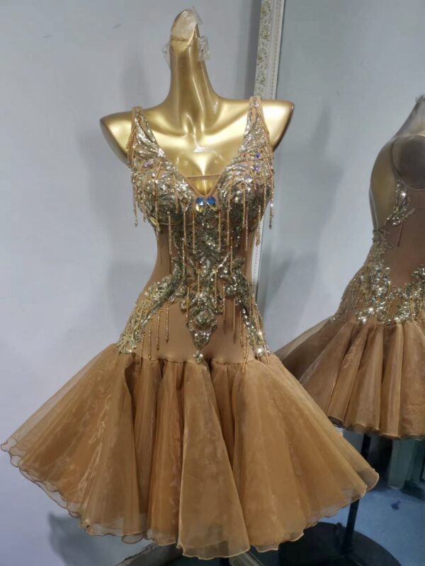 Bronze Latin dance dress embroidered with sequins, beaded fringe and organza skirt