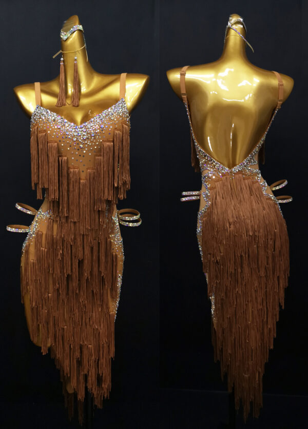 Brown fringe Latin dance dress with nude base, crystals and beads.