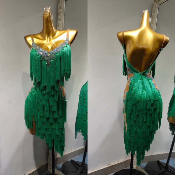 Green fringe Latin dance dress with nude base, crystals and beads. - Image 3