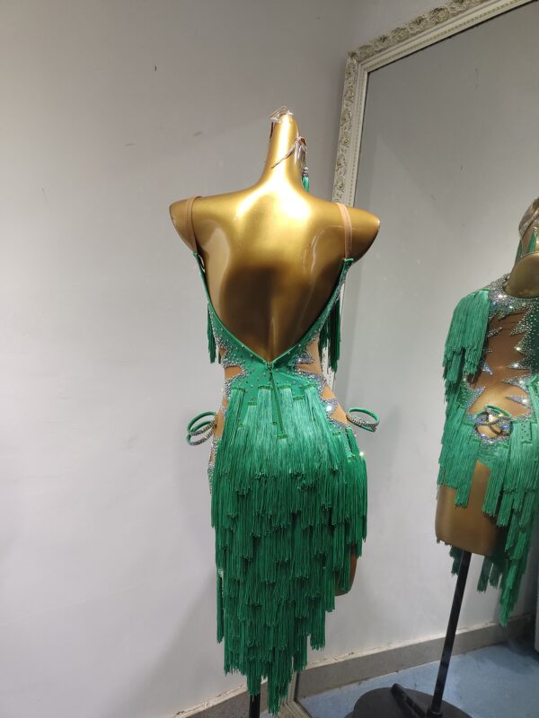 Green fringe Latin dance dress with nude base, crystals and beads. - Image 2