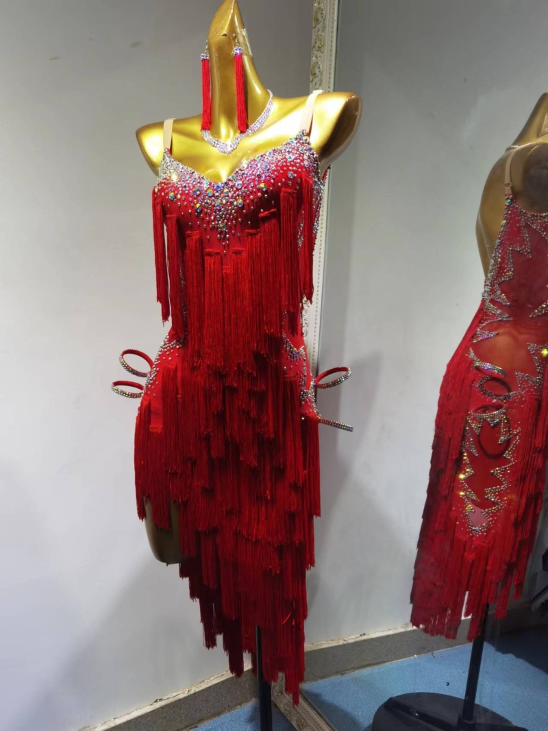 L0009B-front red fringe latin dance dress