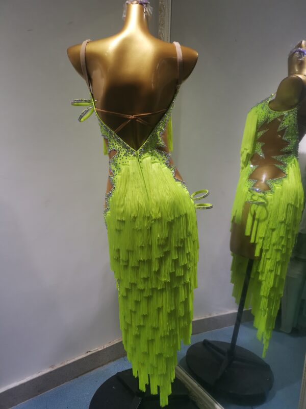 Neon green Latin dance dress with, crystals and beads. - Image 2