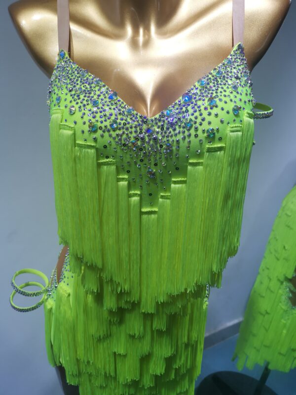 Neon green Latin dance dress with, crystals and beads. - Image 3