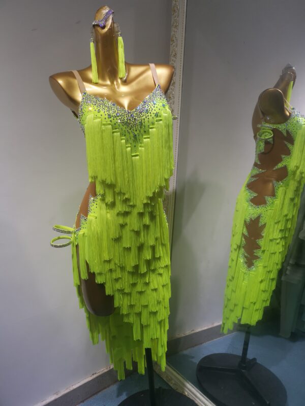 Neon green Latin dance dress with, crystals and beads.