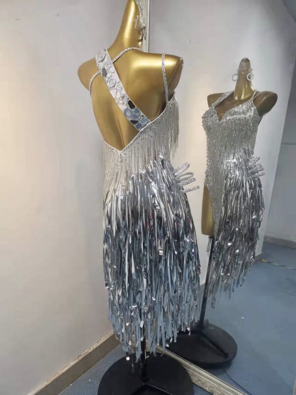 Silver Latin dance dress with crystals, beads, high slit and silver fringe - Image 2