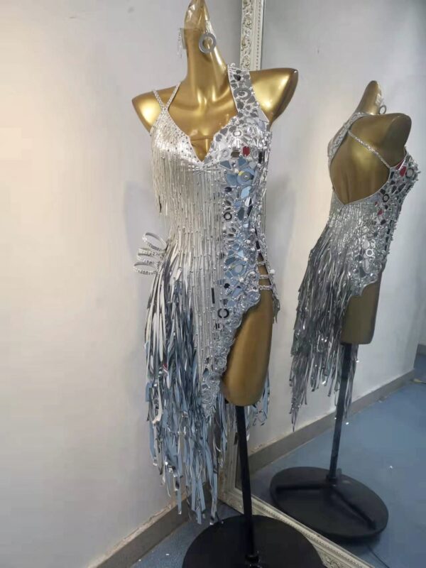 Silver Latin dance dress with crystals, beads, high slit and silver fringe