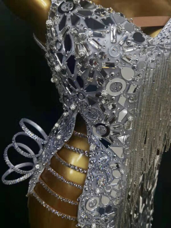 Silver Latin dance dress with crystals, beads, high slit and silver fringe - Image 4