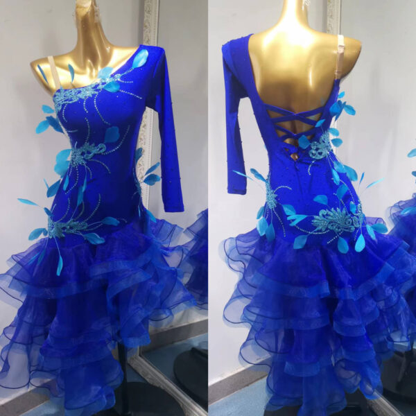 Blue Latin dance dress with feathers - Image 3