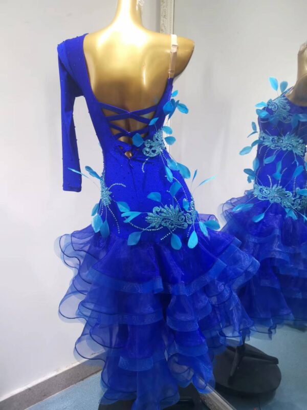Blue Latin dance dress with feathers - Image 2