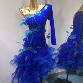Blue Latin Dance Dress with Feathers