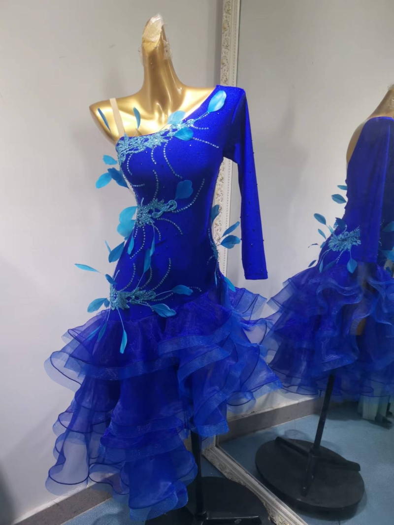 L0011-front Blue Latin Dance Dress with Feathers