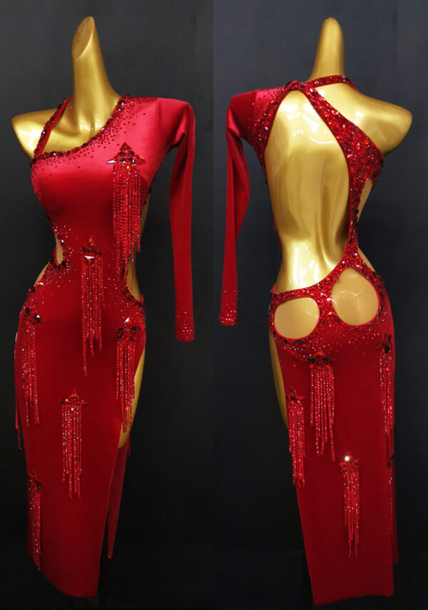 Red velvet Latin dance dress with open back and crystal fringe