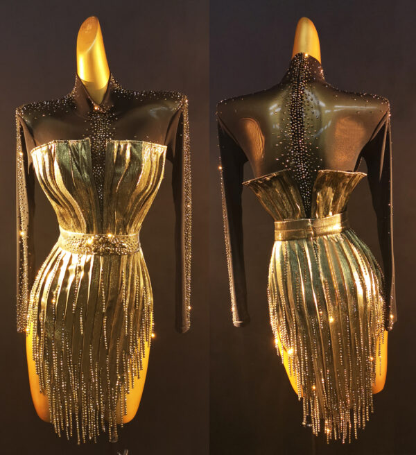 Gold Shiny Latin dance dress with crystal fringe