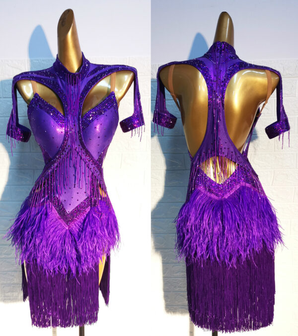 Purple Latin dance dress with beaded fringe, ostrich feathers and fringe