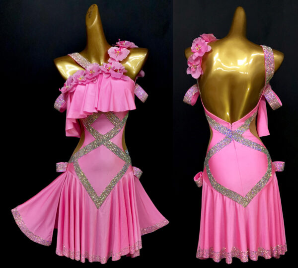 Pink Latin dance dress with orchids and crystals