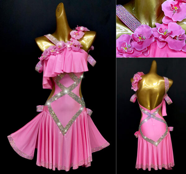 Pink Latin dance dress with orchids and crystals - Image 2