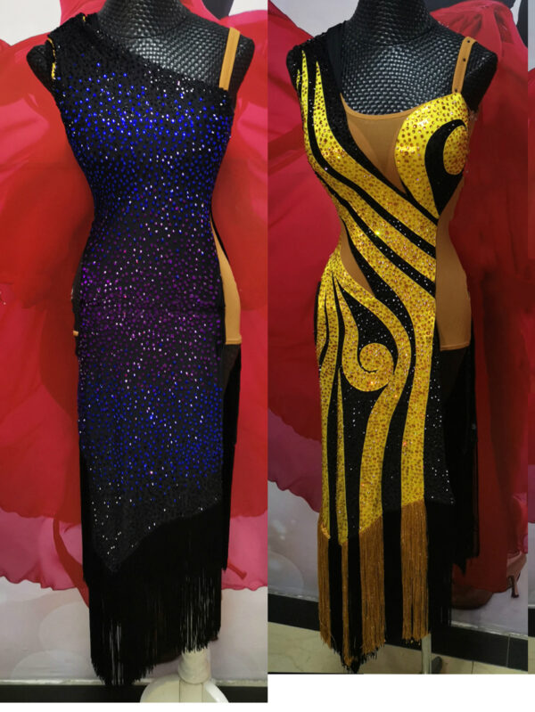 Two dresses in one, including an ombre purple and blue design and a golden Latin dance dress with fringe