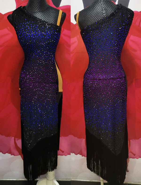 Two dresses in one, including an ombre purple and blue design and a golden Latin dance dress with fringe - Image 2