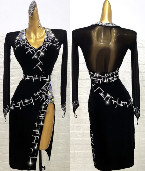 Black velvet Latin dance dress with slit