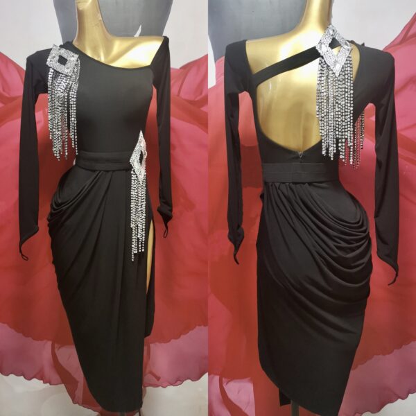 Black Latin and Rhythm dance dress with stoned fringe - Image 2