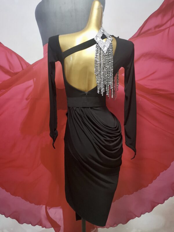 Black Latin and Rhythm dance dress with stoned fringe - Image 3