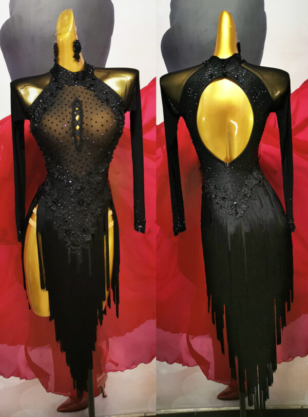 Black Latin dance dress with appliques and fringe