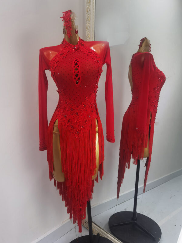 Red Latin dance dress with appliques and fringe